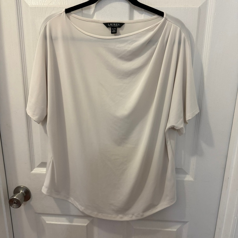 Lauren Ralph Lauren XL Pleated Stretch Jersey T Cream Blouse Top Elegant Draped